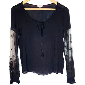 Y2K Whimsigoth Goth BOHO Black Sheer Sleeve Top Lace Witchy Layered Indie Sexy M